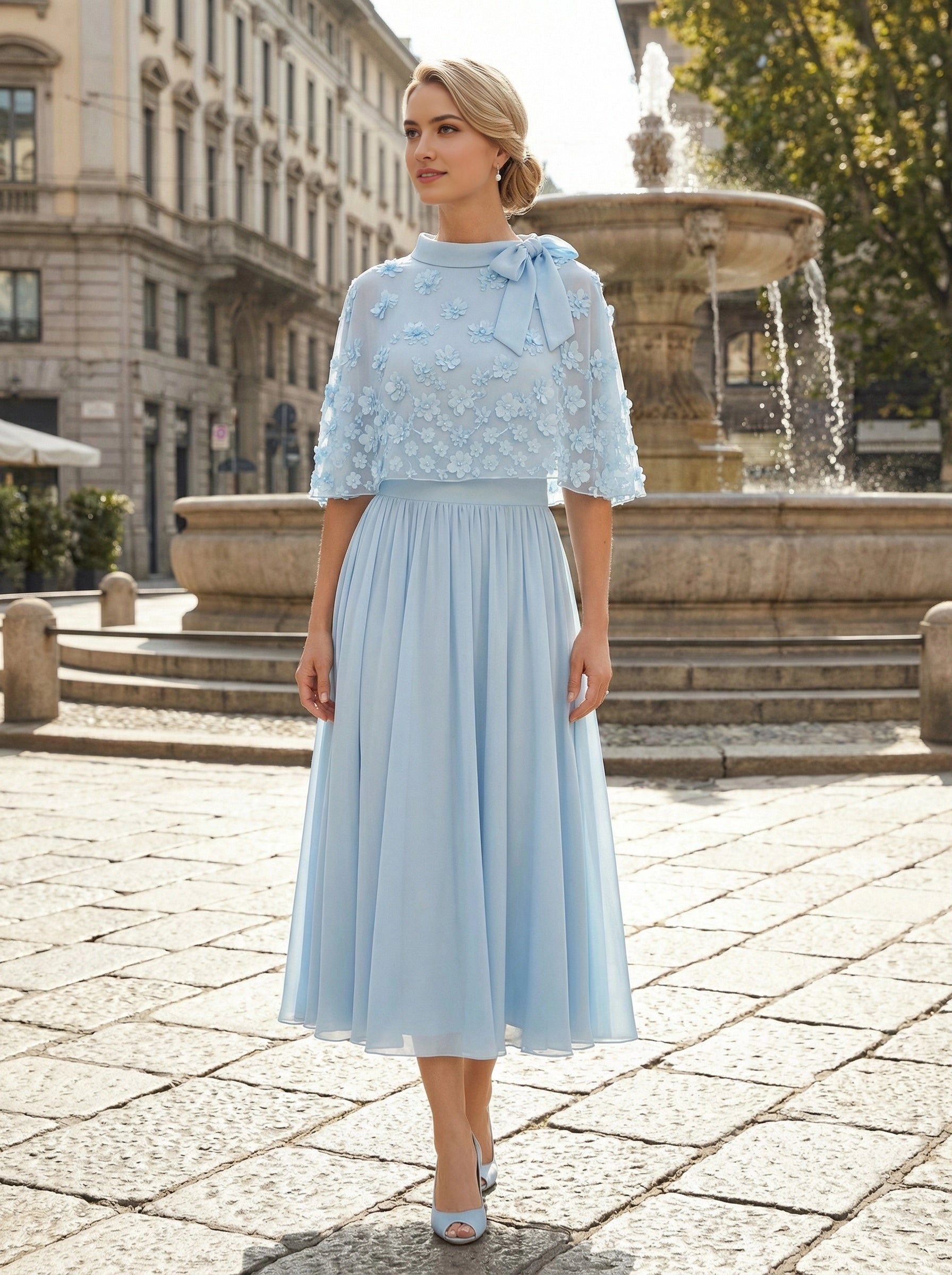 Light blue 3D floral high‑neck cape sleeve two‑piece zipper‑back midi mother of the bride dress front and back view