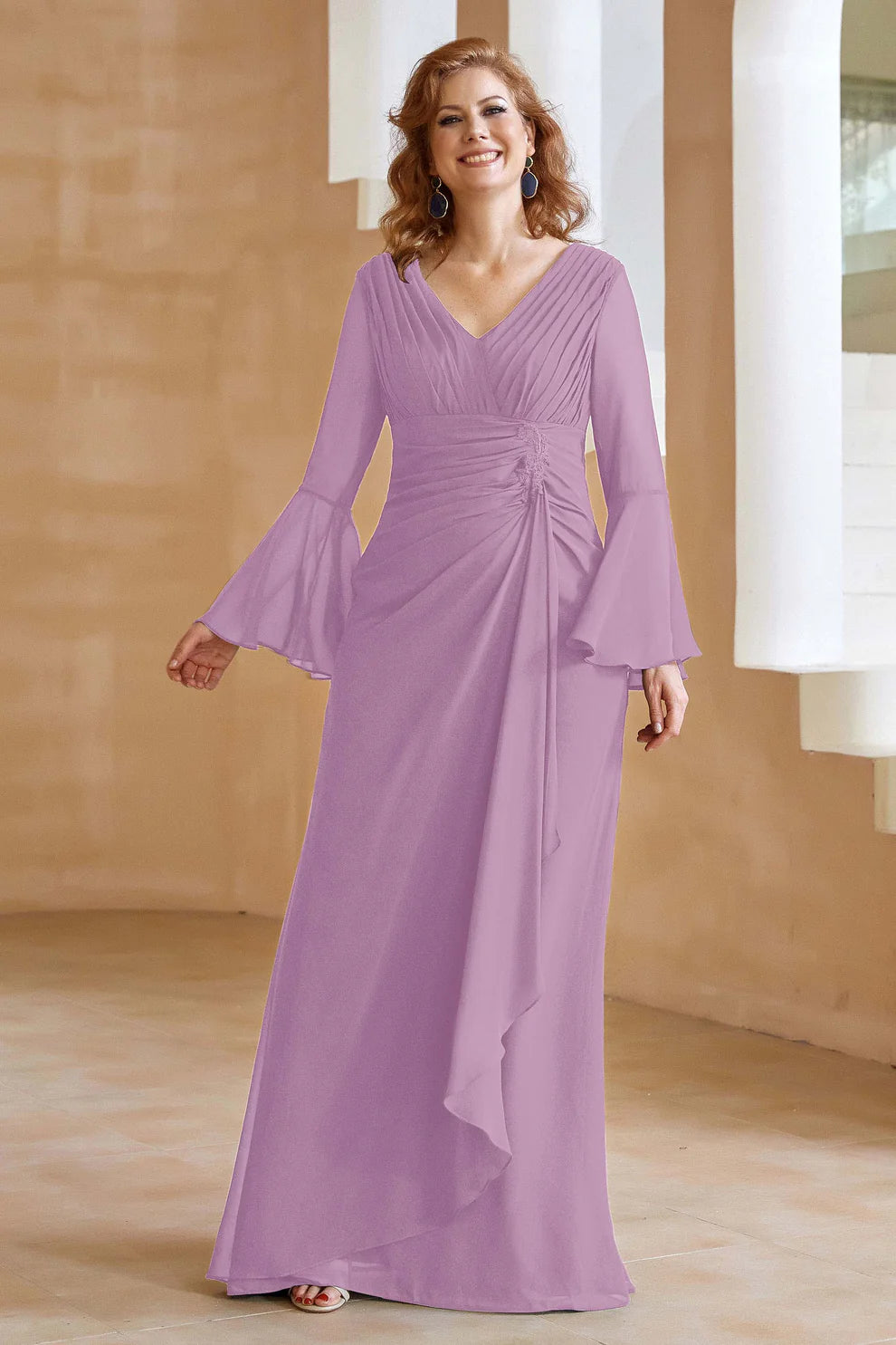 Elegant V-Neck Chiffon Floor-Length Gown with Flare Sleeves and Ruched Detail