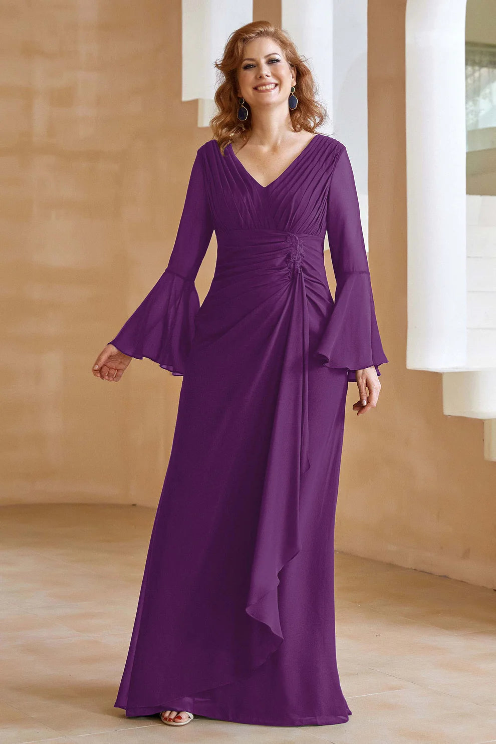 Elegant V-Neck Chiffon Floor-Length Gown with Flare Sleeves and Ruched Detail