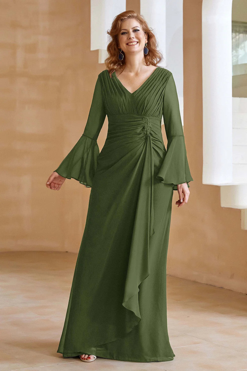 Elegant V-Neck Chiffon Floor-Length Gown with Flare Sleeves and Ruched Detail