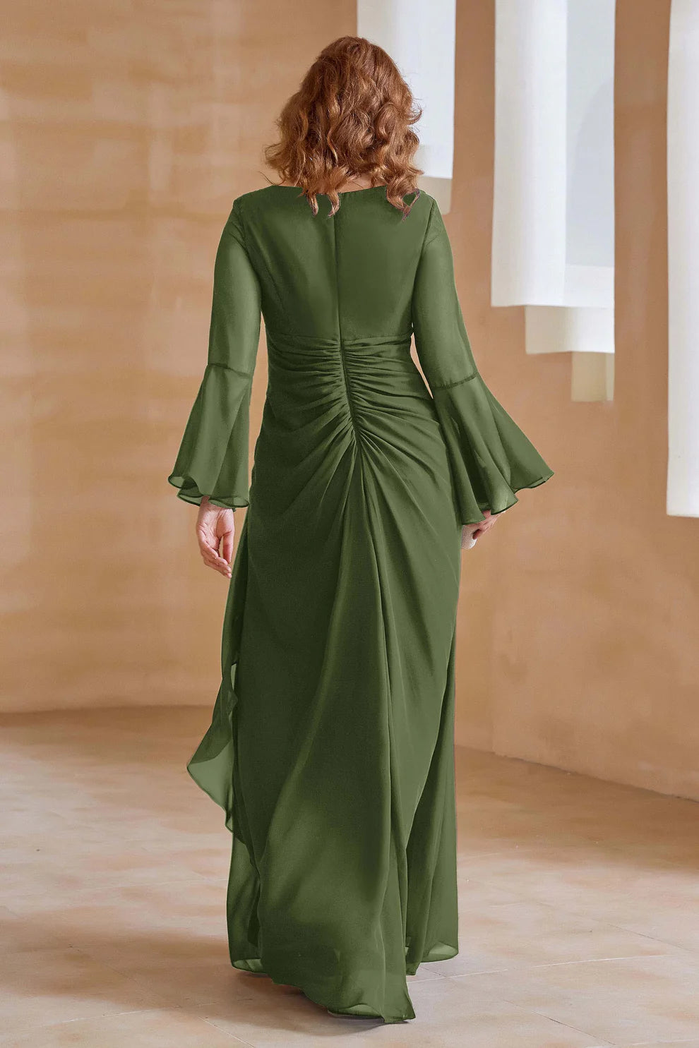 Elegant V-Neck Chiffon Floor-Length Gown with Flare Sleeves and Ruched Detail