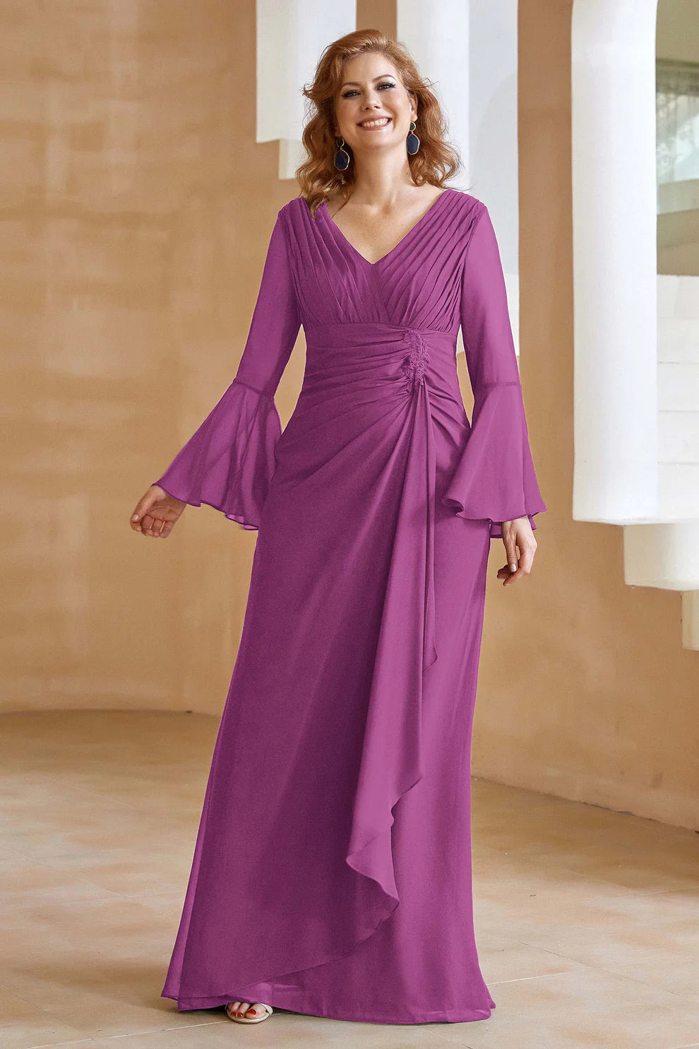 Elegant V-Neck Chiffon Floor-Length Gown with Flare Sleeves and Ruched Detail
