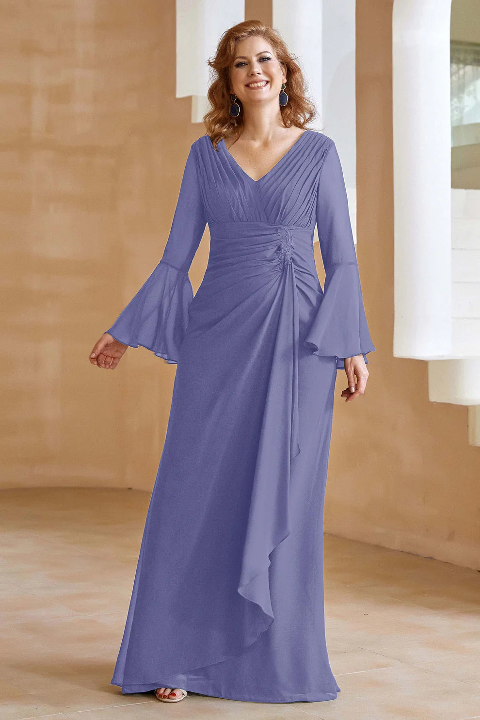 Elegant V-Neck Chiffon Floor-Length Gown with Flare Sleeves and Ruched Detail