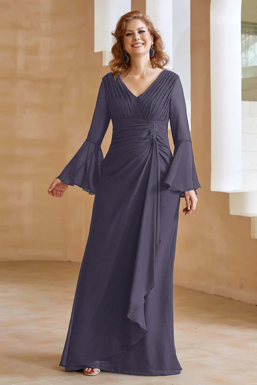 Elegant V-Neck Chiffon Floor-Length Gown with Flare Sleeves and Ruched Detail
