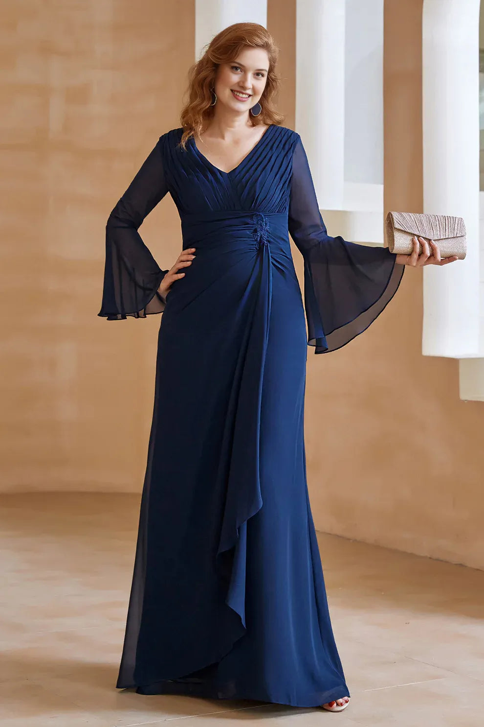 Elegant V-Neck Chiffon Floor-Length Gown with Flare Sleeves and Ruched Detail