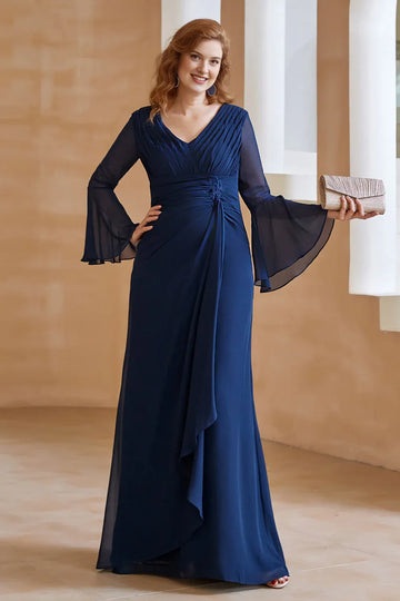 Elegant V-Neck Chiffon Floor-Length Gown with Flare Sleeves and Ruched Detail