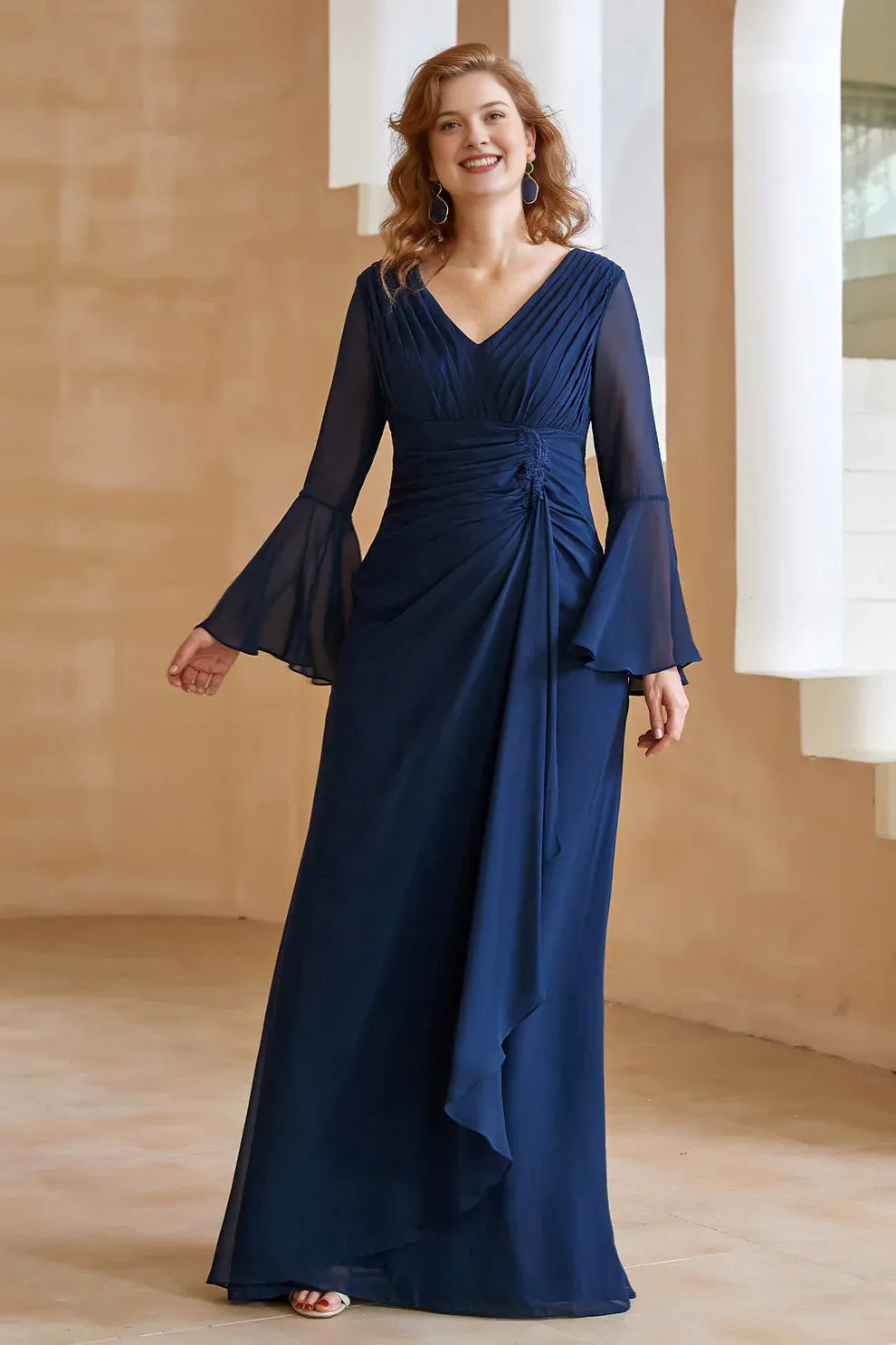 Elegant V-Neck Chiffon Floor-Length Gown with Flare Sleeves and Ruched Detail