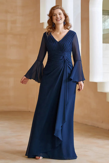 Elegant V-Neck Chiffon Floor-Length Gown with Flare Sleeves and Ruched Detail