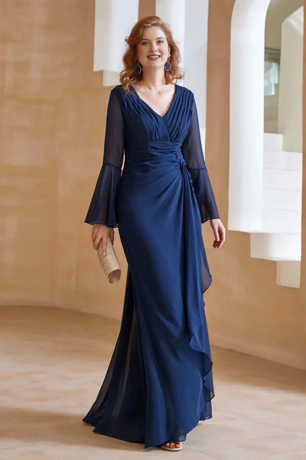 Elegant V-Neck Chiffon Floor-Length Gown with Flare Sleeves and Ruched Detail