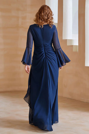 Elegant V-Neck Chiffon Floor-Length Gown with Flare Sleeves and Ruched Detail