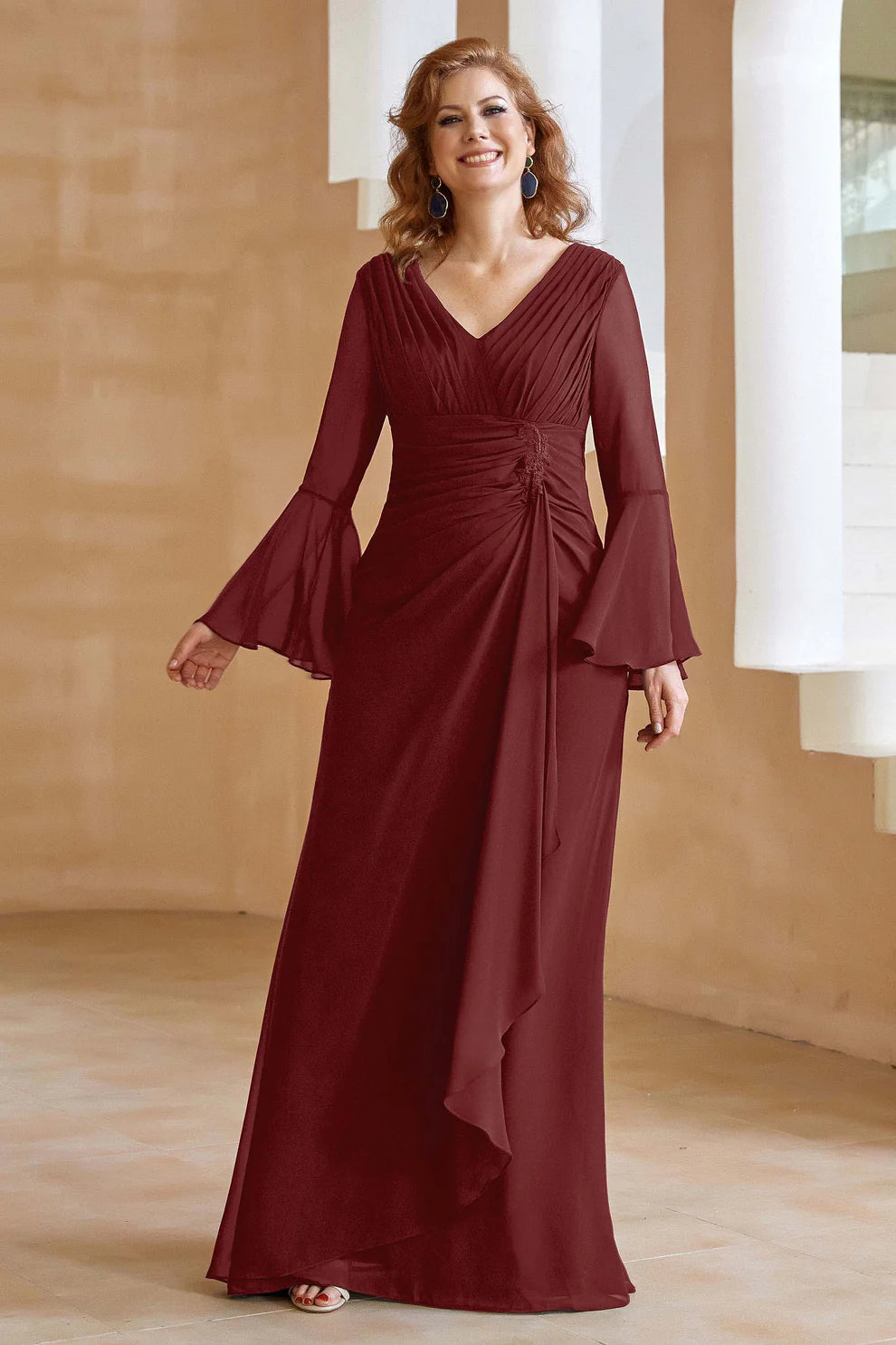 Elegant V-Neck Chiffon Floor-Length Gown with Flare Sleeves and Ruched Detail