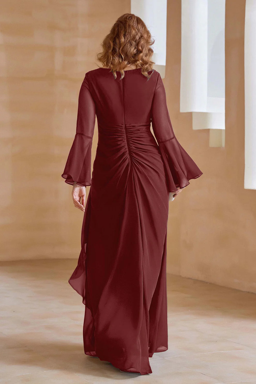 Elegant V-Neck Chiffon Floor-Length Gown with Flare Sleeves and Ruched Detail