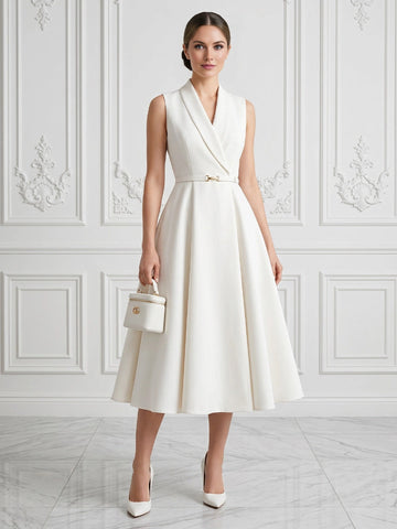 vedress white a line midi mother of the bride dress lapel v neck sleeveless crepe formal gown with belt