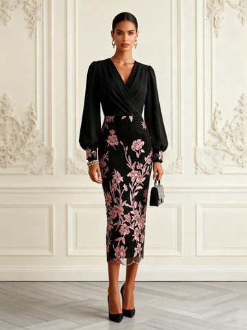 Vedress black floral embroidery midi wedding guest dress with V neck long bishop sleeves and fitted sheath silhouette