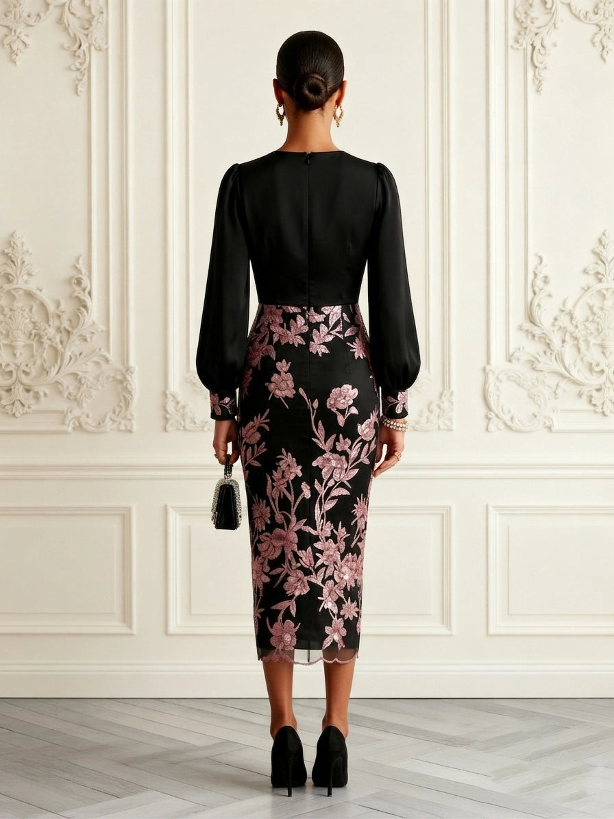 Elegant Sheath V Neck Long Sleeves Closed Back Midi Wedding Guest Dress