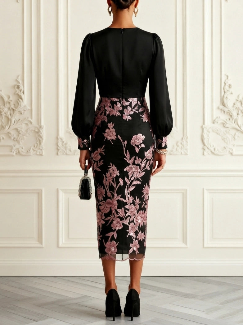 Elegant Sheath V Neck Long Sleeves Closed Back Midi Wedding Guest Dress