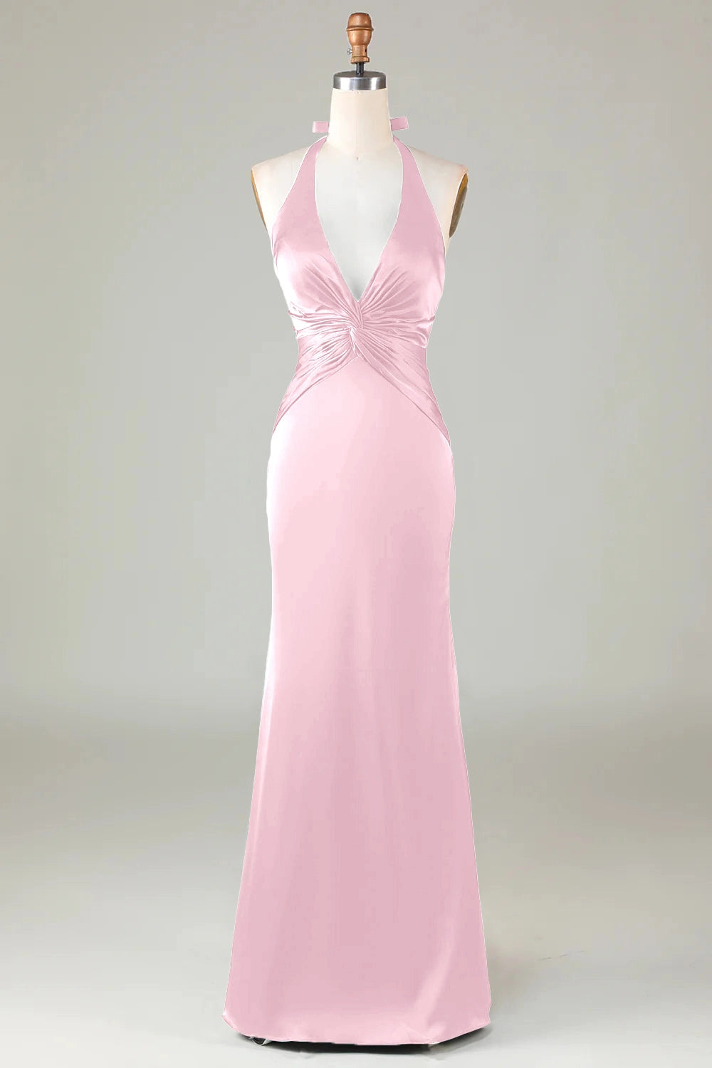 Mermaid Halter V-Neck Tie Back Satin Long Wedding Guest Dress
