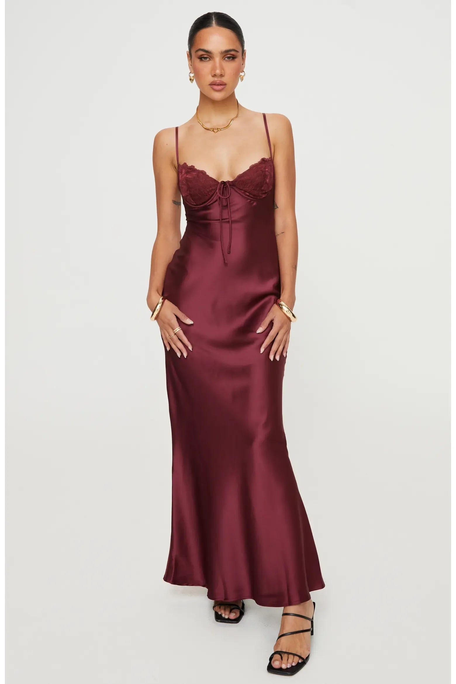 Elegant Bodycon Sweetheart Neck Spaghetti Strap Satin Lace Bust Tie Front Cutout Back Maxi Evening Dress