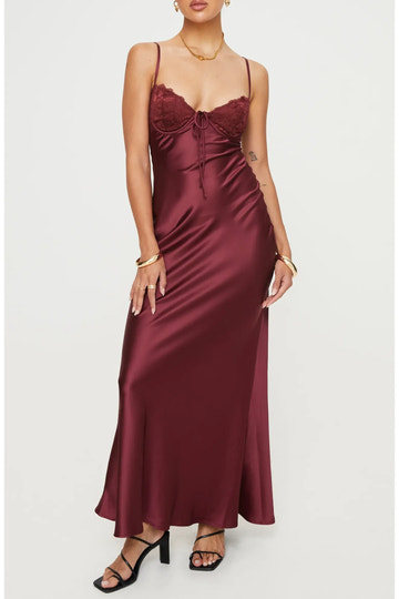 Elegant Bodycon Sweetheart Neck Spaghetti Strap Satin Lace Bust Tie Front Cutout Back Maxi Evening Dress
