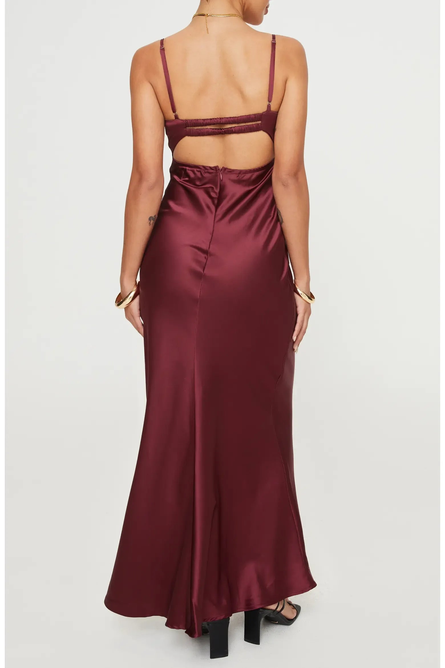 Elegant Bodycon Sweetheart Neck Spaghetti Strap Satin Lace Bust Tie Front Cutout Back Maxi Evening Dress