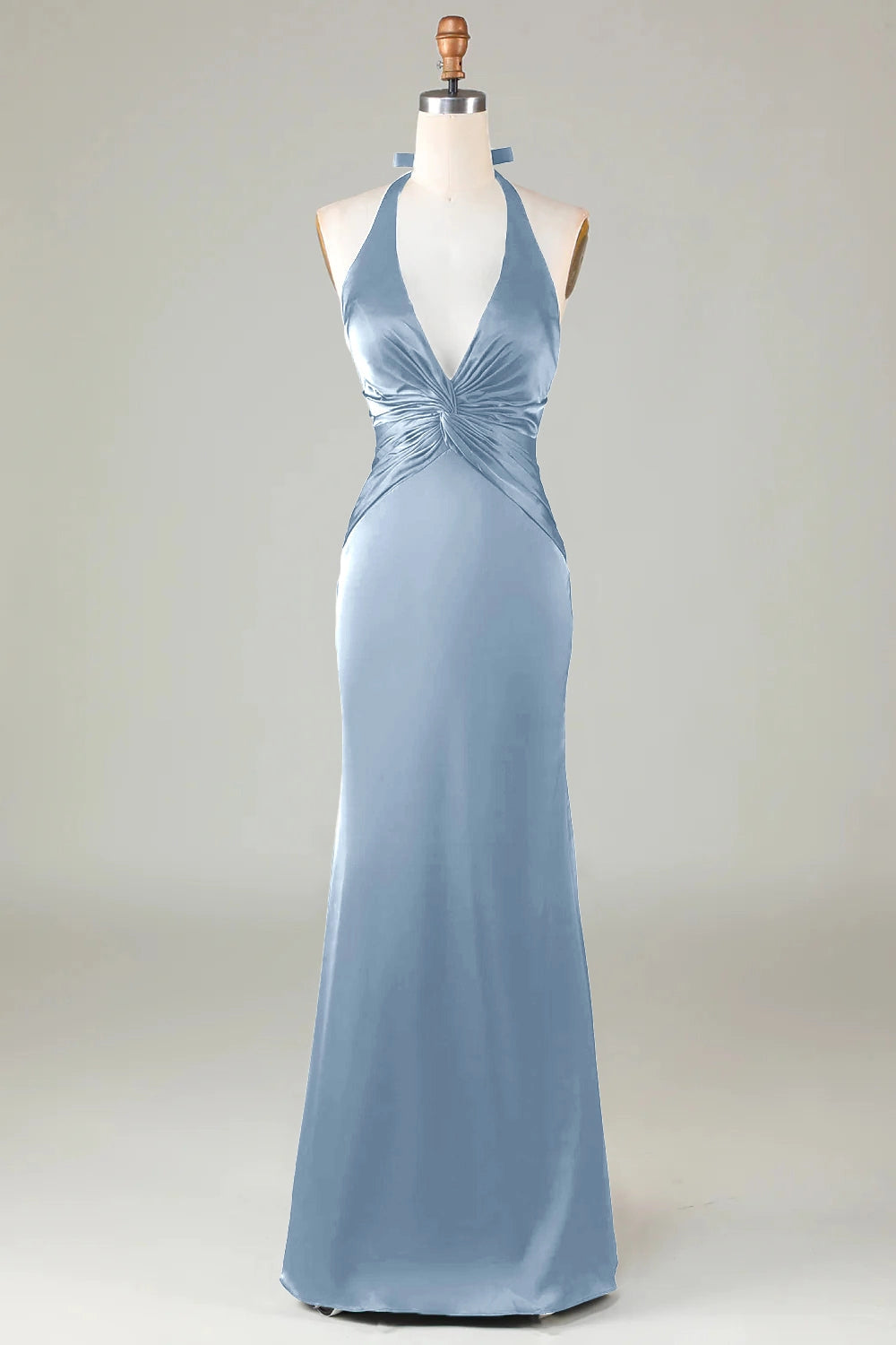 Mermaid Halter V-Neck Tie Back Satin Long Wedding Guest Dress