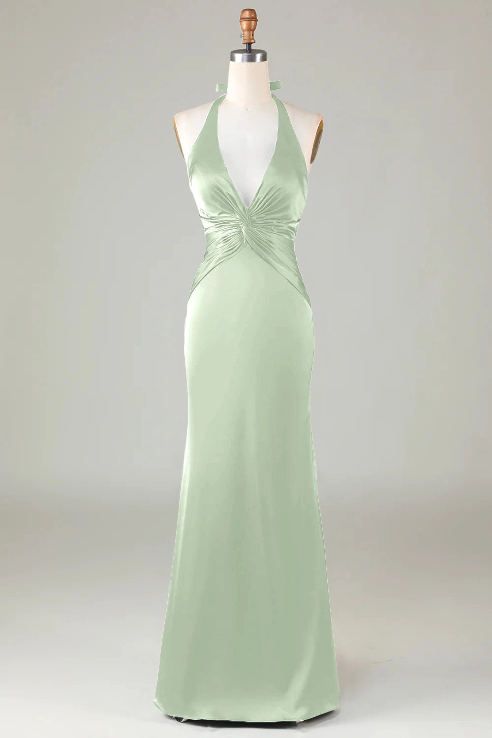 Mermaid Halter V-Neck Tie Back Satin Long Wedding Guest Dress