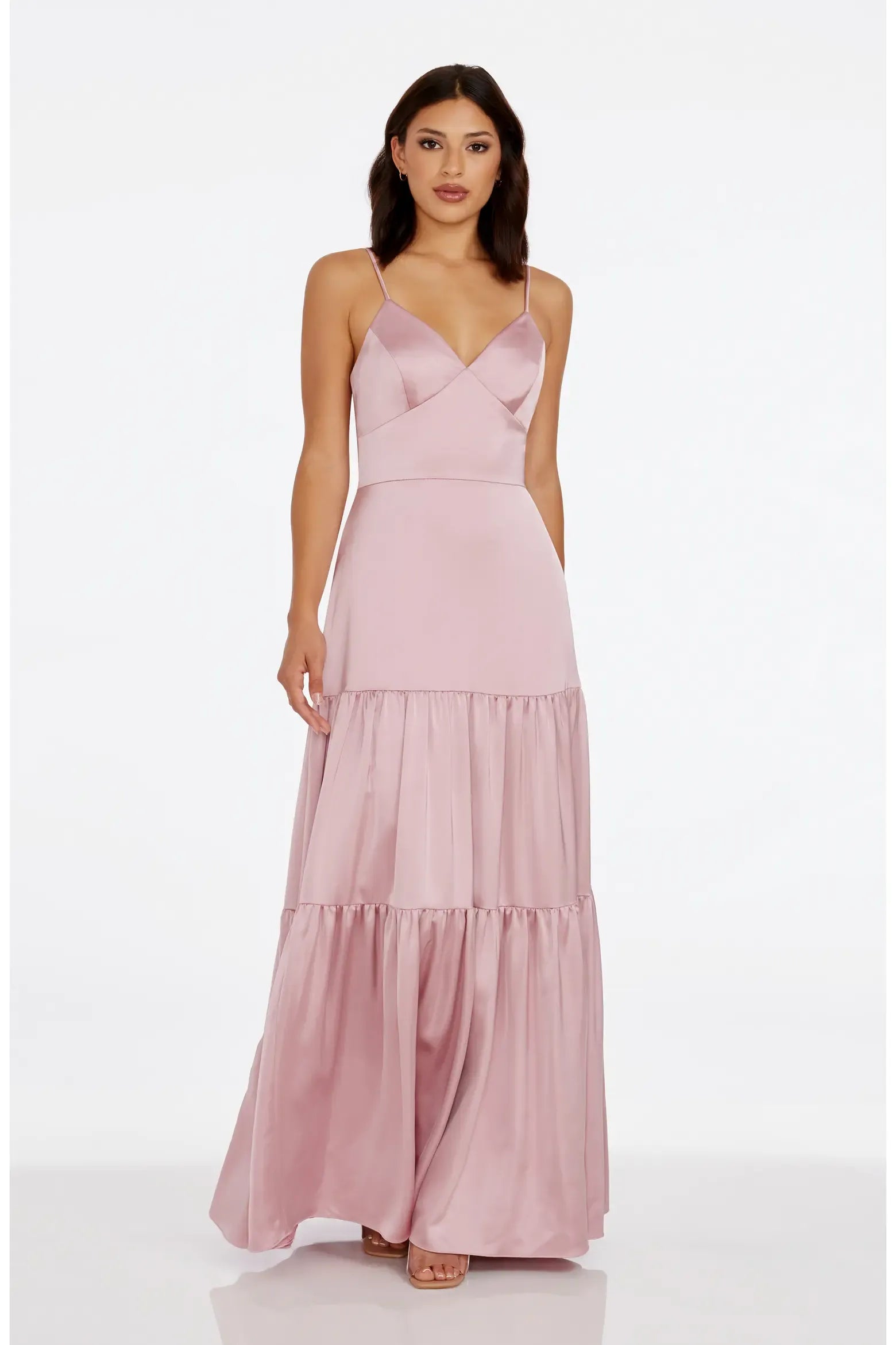 Elegant Fit-and-Flare V-Neck Spaghetti Strap Satin Tiered Ruffle Maxi Evening Dress