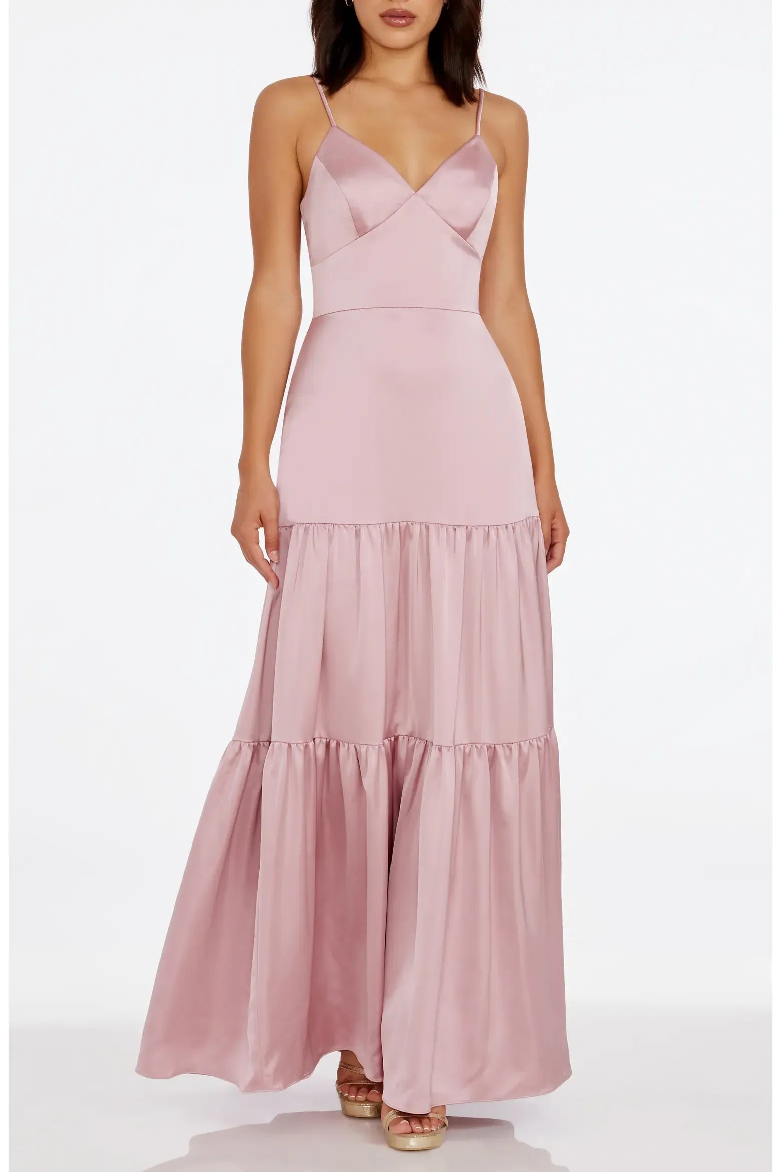 Elegant Fit-and-Flare V-Neck Spaghetti Strap Satin Tiered Ruffle Maxi Evening Dress