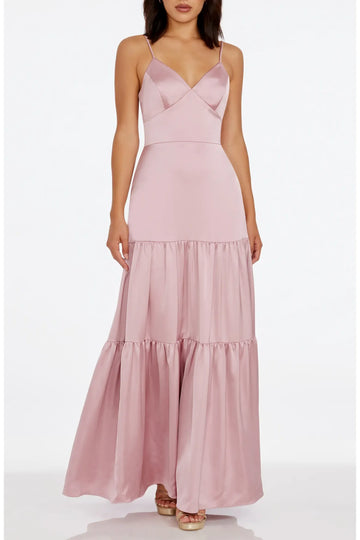 Elegant Fit-and-Flare V-Neck Spaghetti Strap Satin Tiered Ruffle Maxi Evening Dress