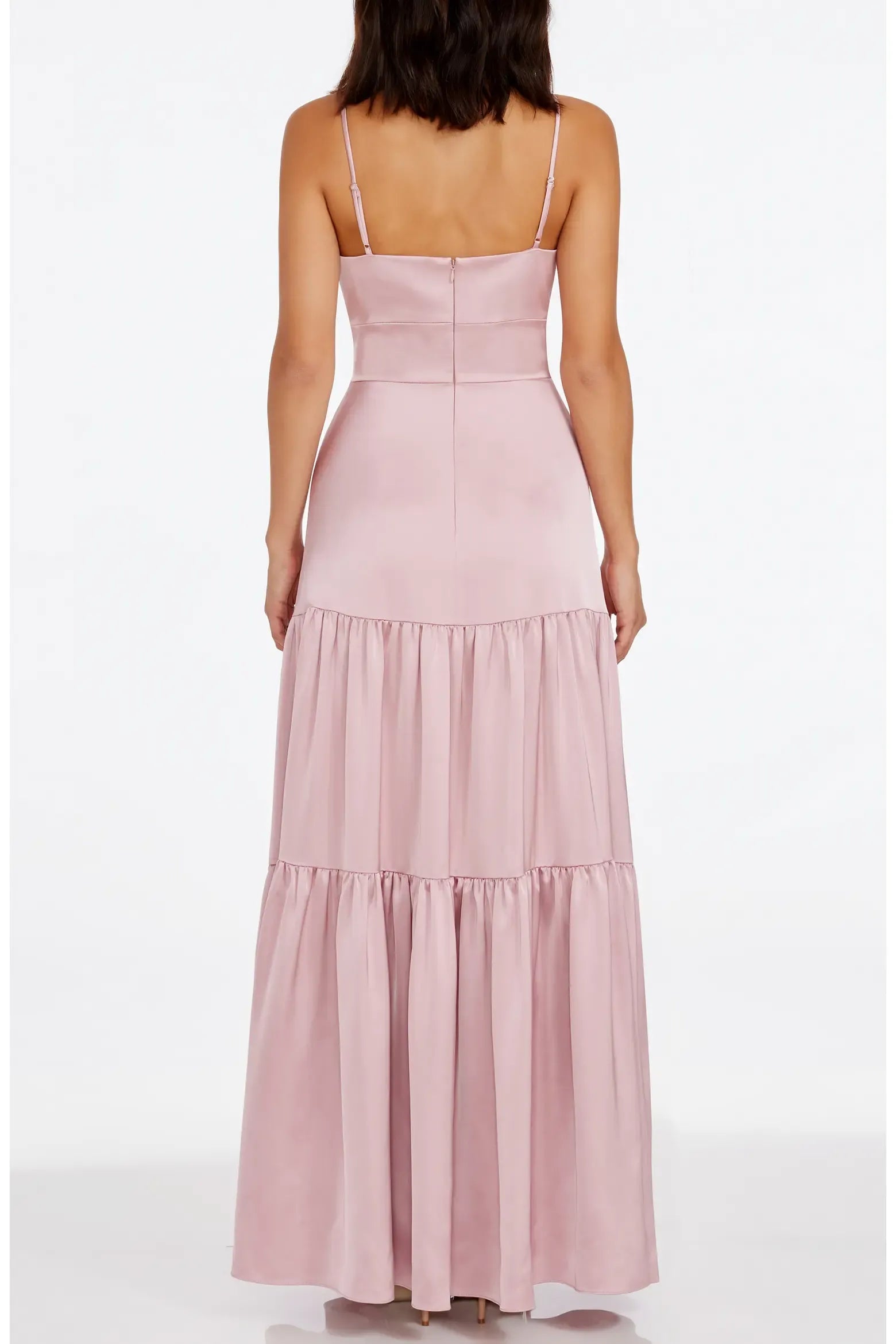 Elegant Fit-and-Flare V-Neck Spaghetti Strap Satin Tiered Ruffle Maxi Evening Dress