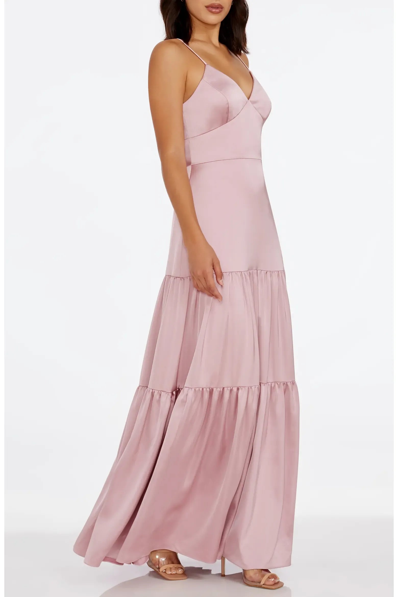 Elegant Fit-and-Flare V-Neck Spaghetti Strap Satin Tiered Ruffle Maxi Evening Dress