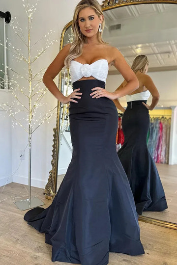 Elegant Mermaid Strapless Floral Accent Midriff Cutout Floor-Length Formal Evening Gown