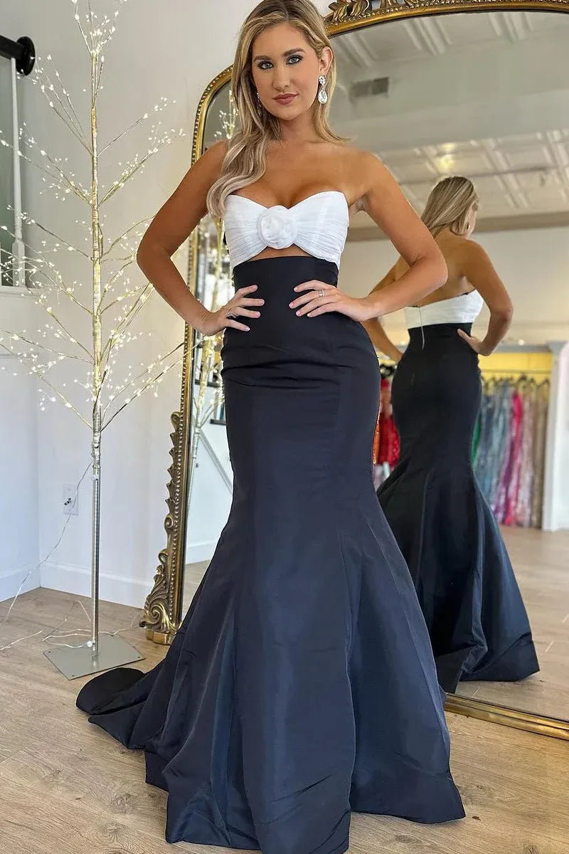 Elegant Mermaid Strapless Floral Accent Midriff Cutout Floor-Length Formal Evening Gown