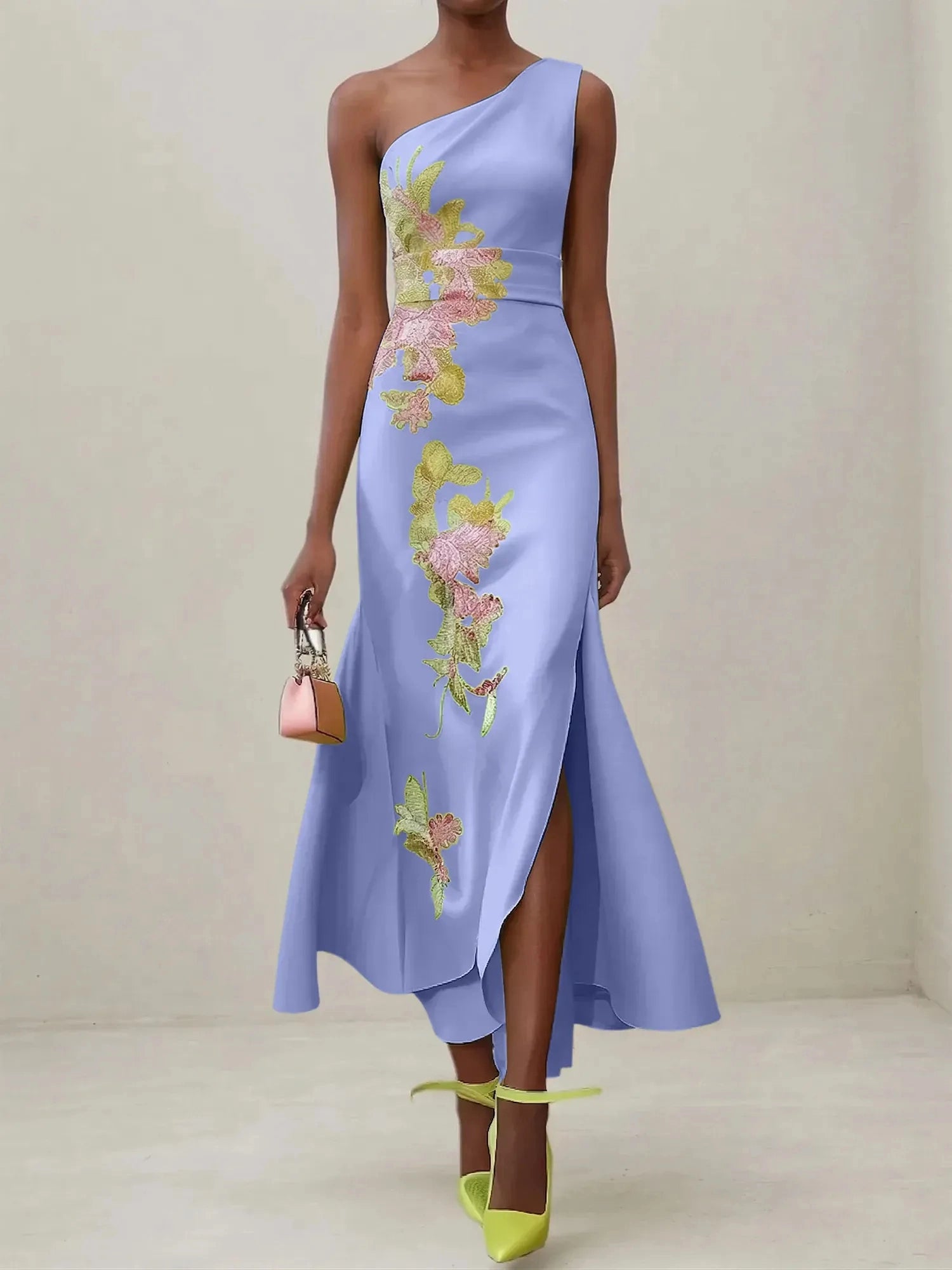 Glamorous Sheath One‑Shoulder Sleeveless Zip‑Back Midi Wedding Guest Dress