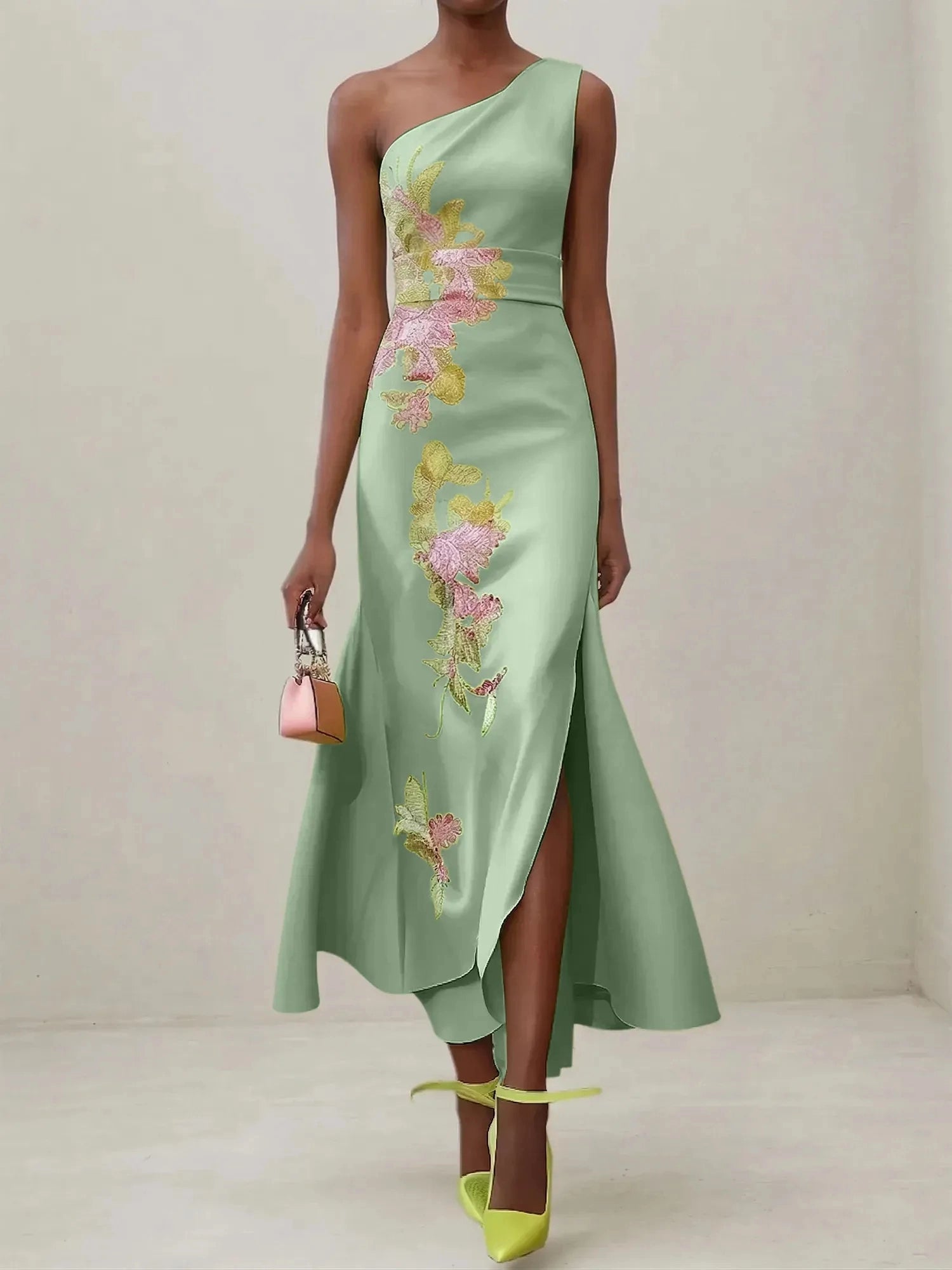 Glamorous Sheath One‑Shoulder Sleeveless Zip‑Back Midi Wedding Guest Dress