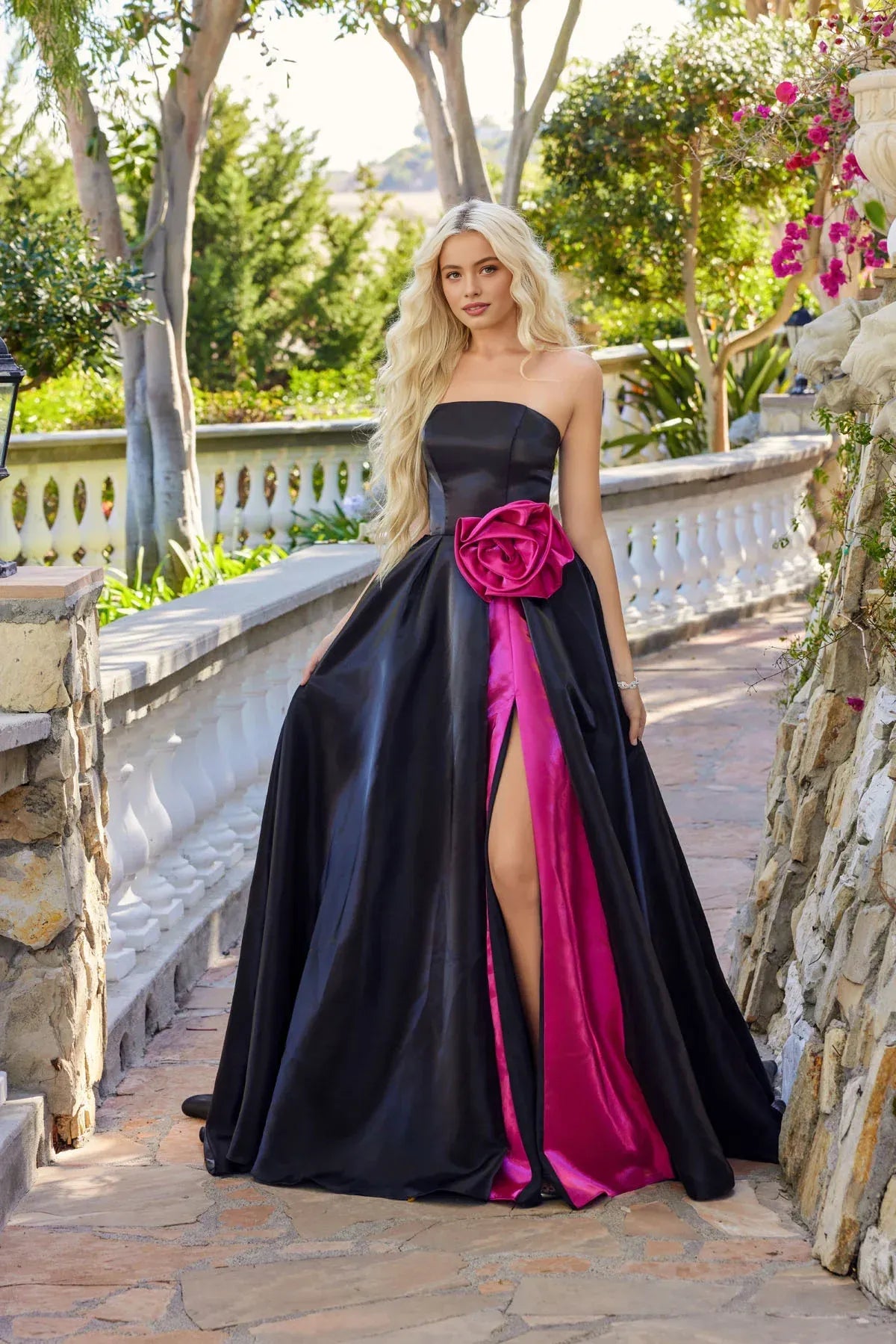 Elegant Strapless Prom Dress Corset Ballgown With High Slit And Oversized Rosette Detail