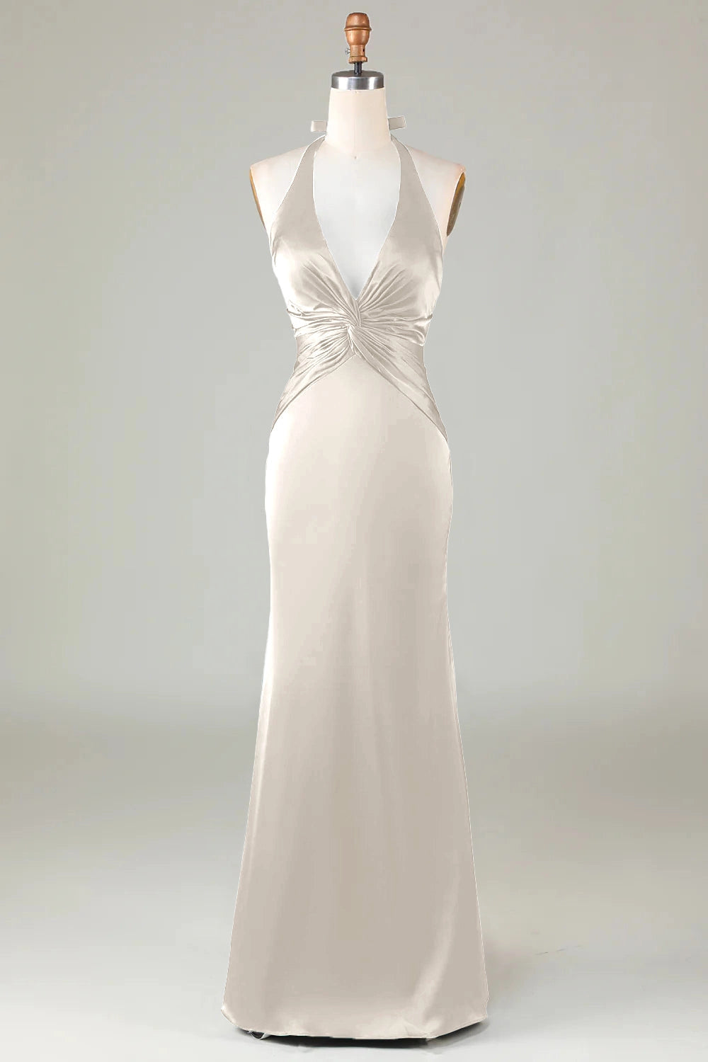 Mermaid Halter V-Neck Tie Back Satin Long Wedding Guest Dress