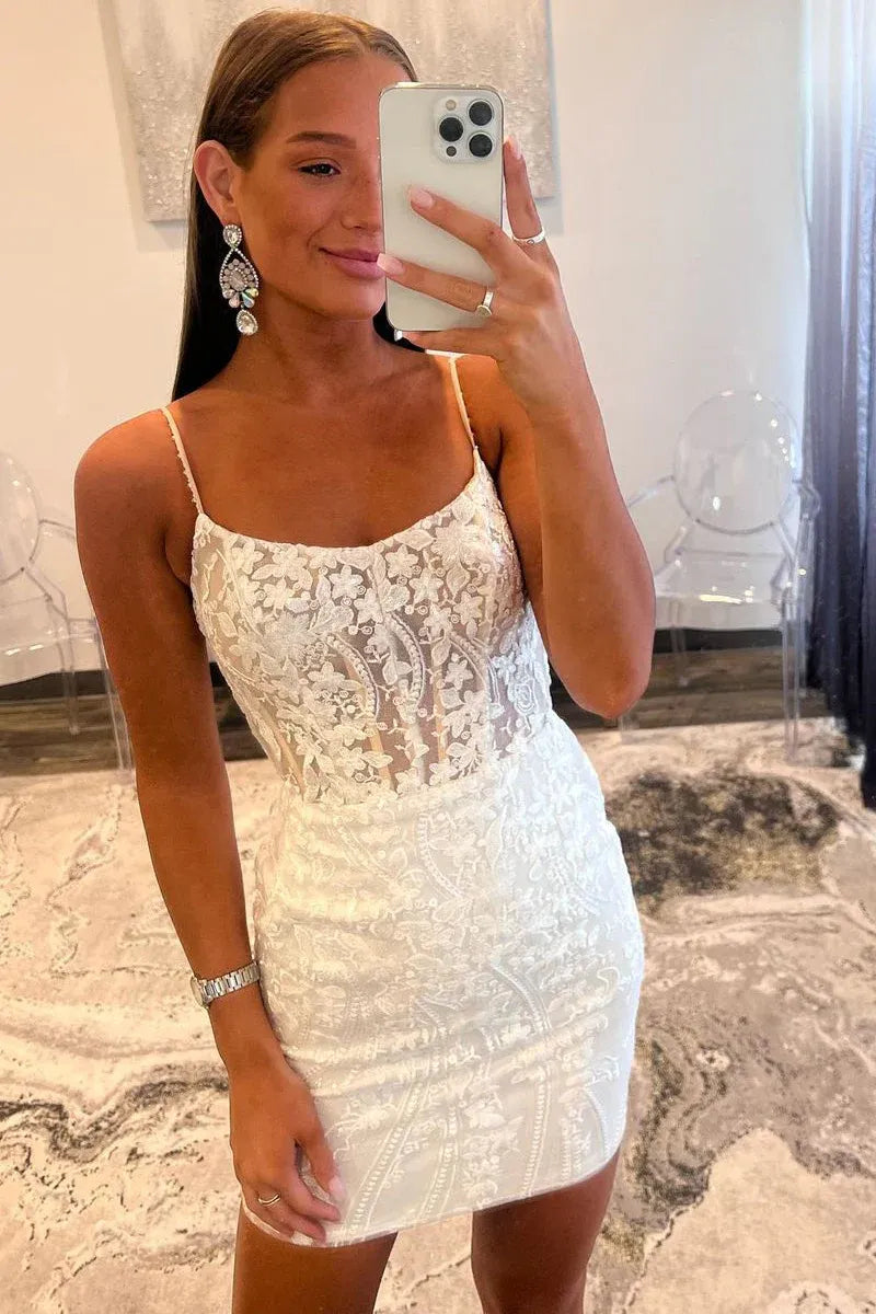 Elegant White Bodycon Scoop Spaghetti Strap Lace Up Mini Homecoming Dress