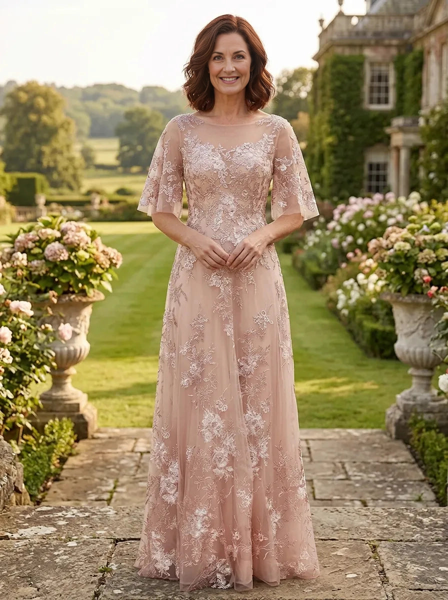 Vedress blush lace mother of the bride dress bateau neck flare sleeve a‑line garden wedding gown