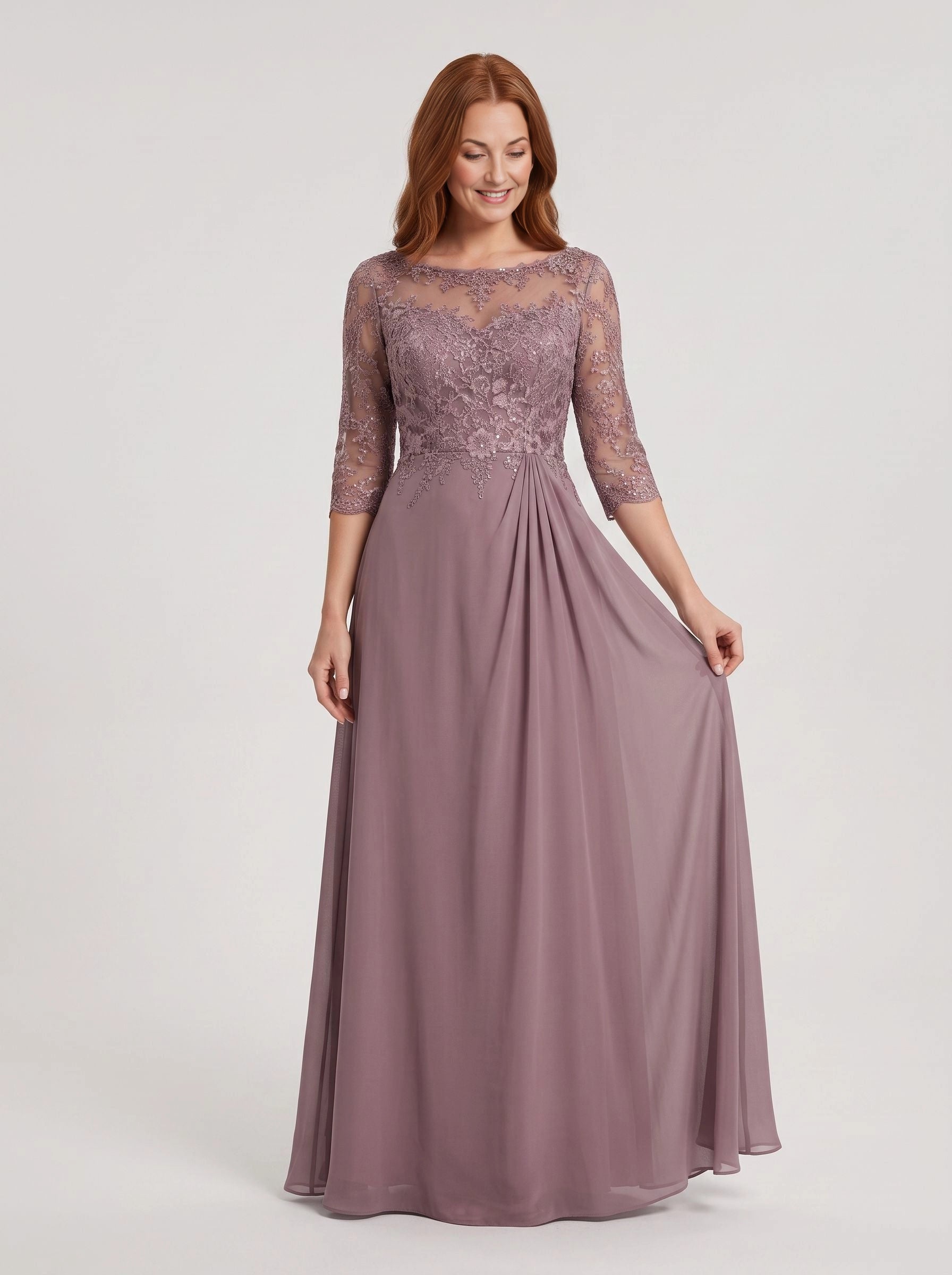 Vedress dusty mauve lace 3/4 sleeve a‑line mother of the bride chiffon long gown