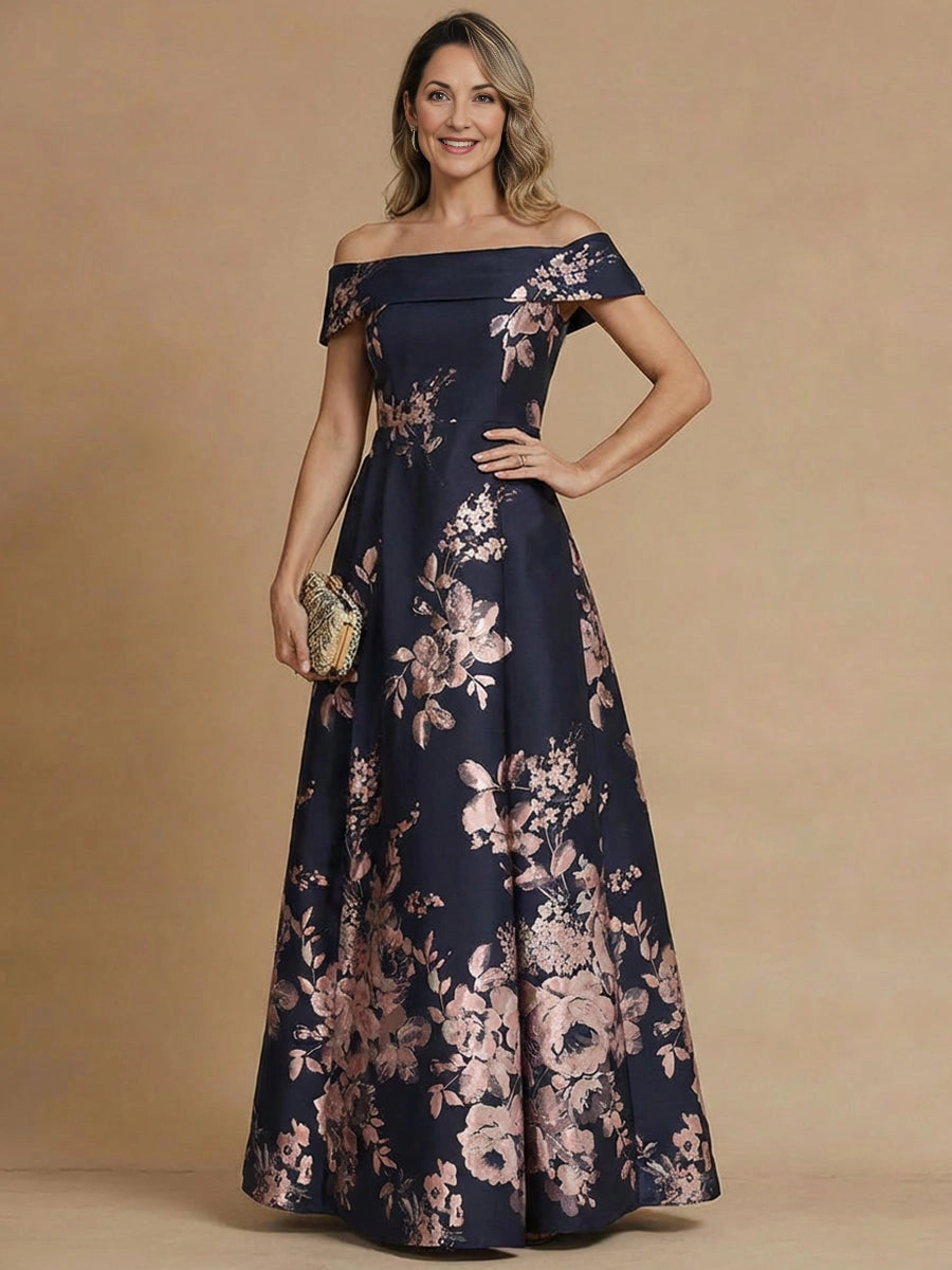 Vedress navy metallic floral jacquard off‑the‑shoulder mother of the bride dress