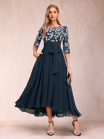 vedress navy plus size mother dress round neck 3d floral elbow sleeve waist bow chiffon high low midi gown with pockets
