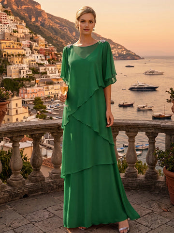 vedress emerald green plus size mother dress round illusion neck cape sleeve rhinestone shoulder layered ruffle chiffon floor gown