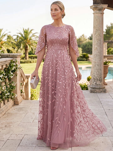 Vedress dusty pink sequin leaf tulle a line cape sleeve mother of the bride long dress