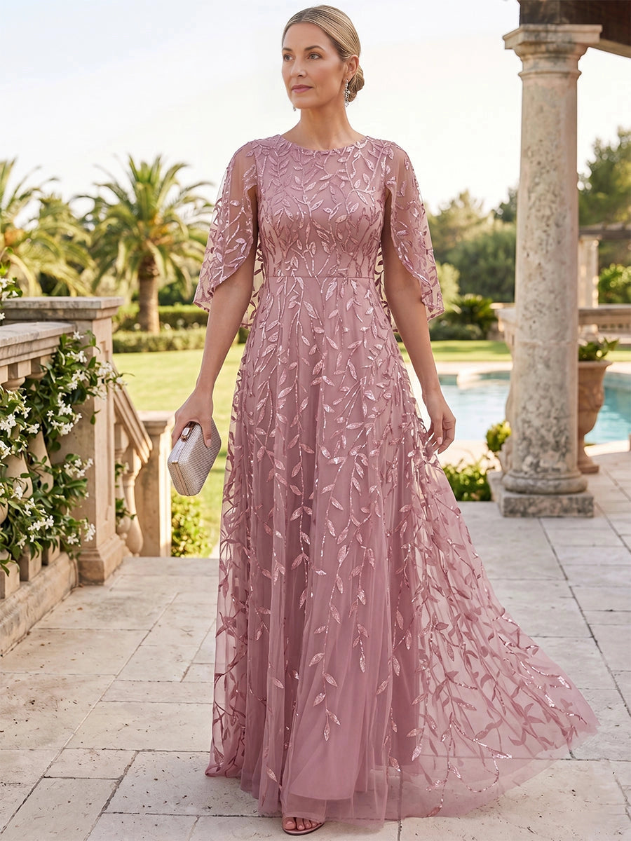 Vedress dusty pink sequin leaf tulle a line cape sleeve mother of the bride long dress