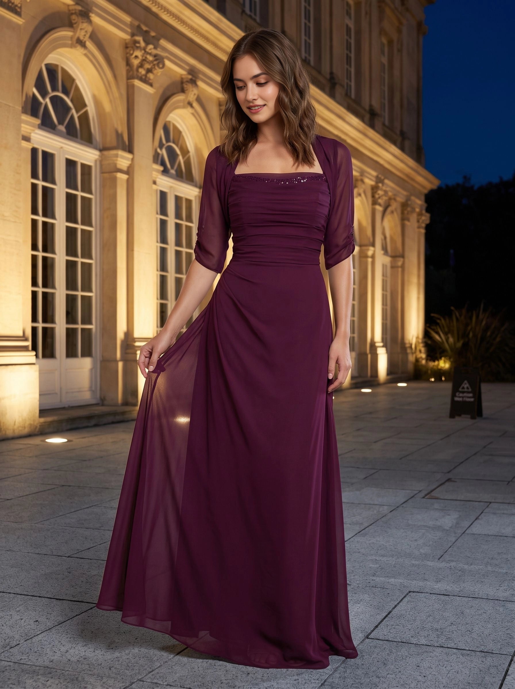 Vedress plum chiffon mother of the bride dress square neck beaded trim mid sleeve long formal gown