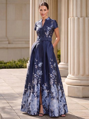 Vedress navy blue floral satin a‑line mother of the bride dress with belt pockets front slit