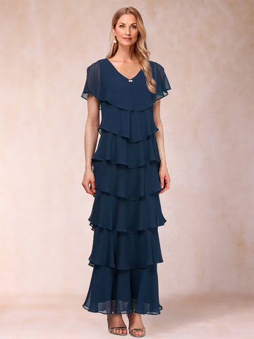 Vedress navy chiffon tiered ruffle a‑line mother of the bride dress with flutter short sleeve