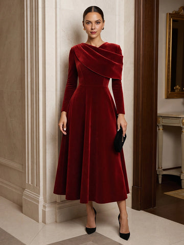 vedress burgundy velvet midi mother of the bride dress asymmetric draped neck long sleeve a line gown