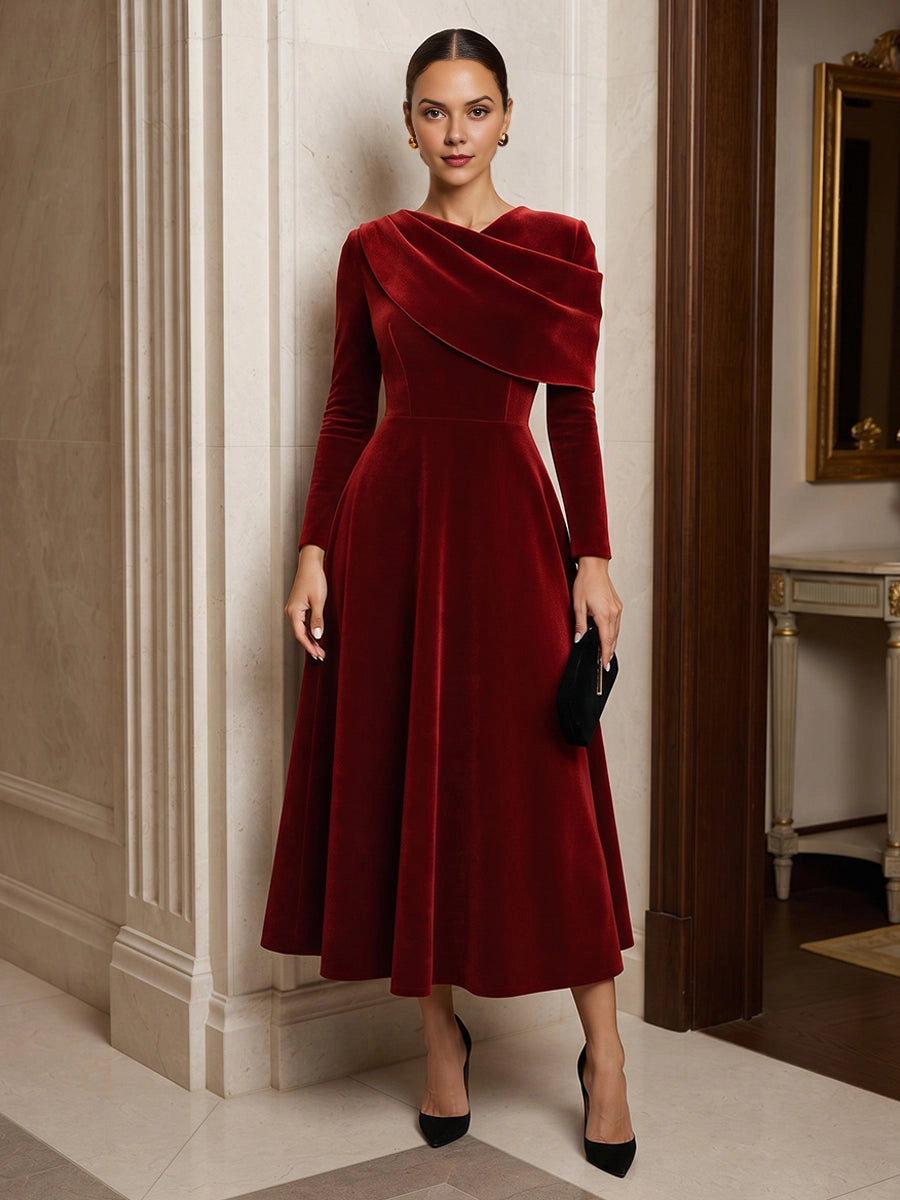 vedress burgundy velvet midi mother of the bride dress asymmetric draped neck long sleeve a line gown